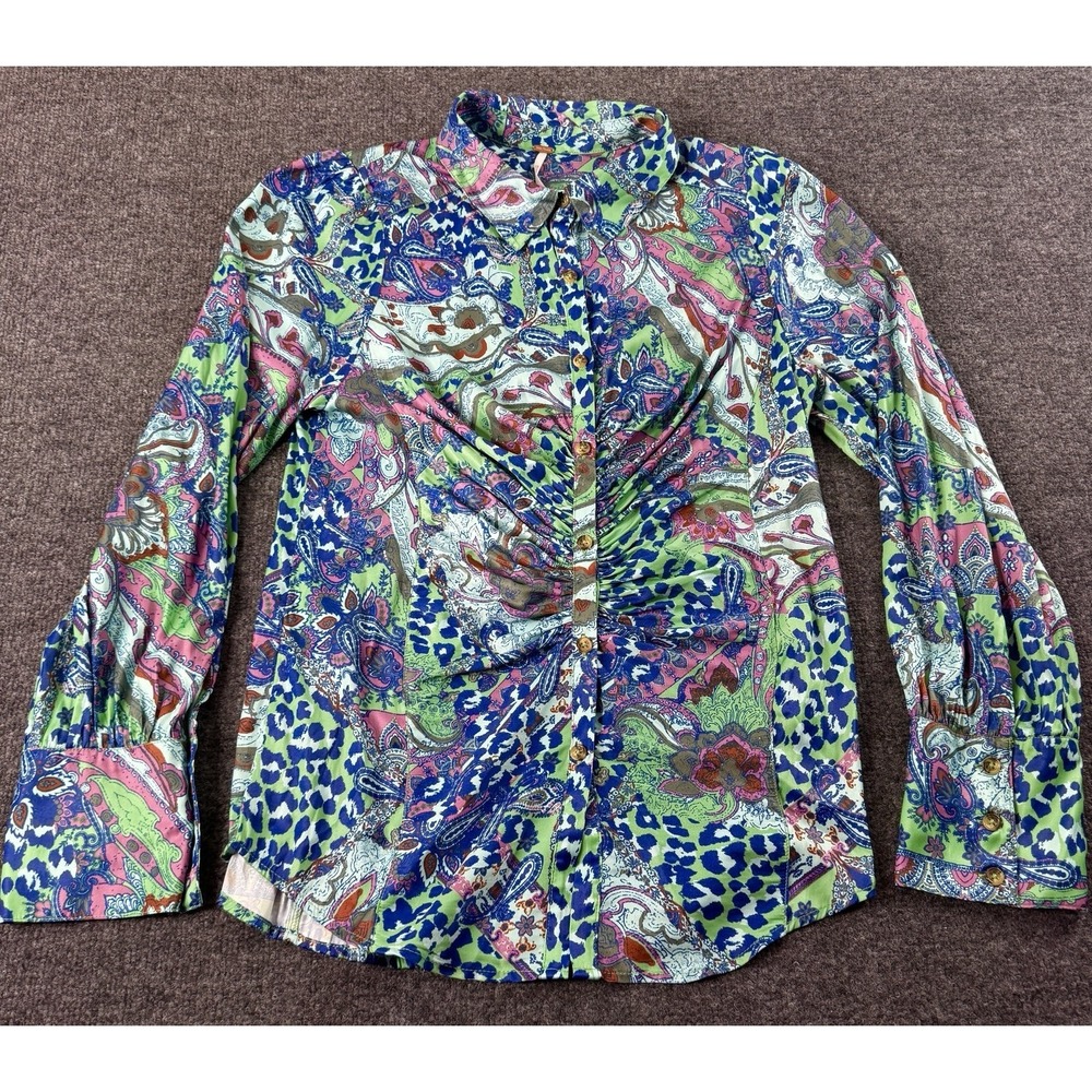 Free People Top Womens Large Ruched Blouse Animal Paisley Boho‎ EUC